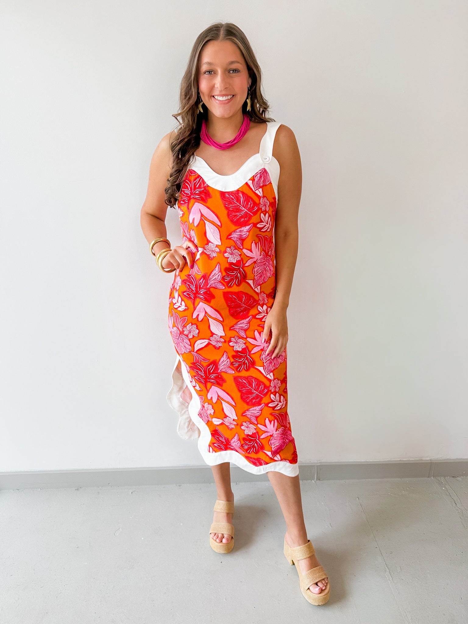 Contrast Wave Tropical Print Dress sm