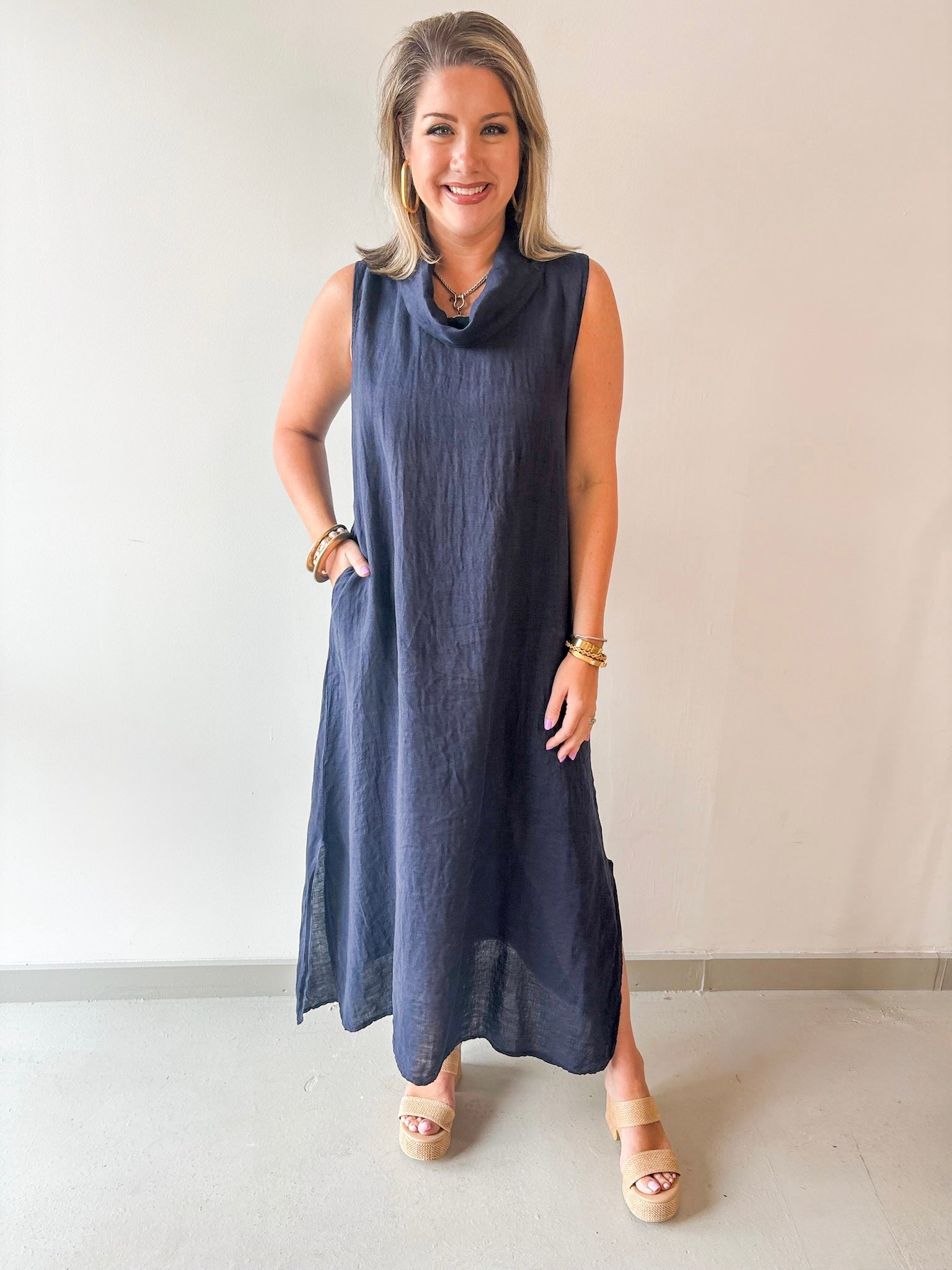 high neck linen maxi dress Maxi linen high neck dress Alicia in Navy