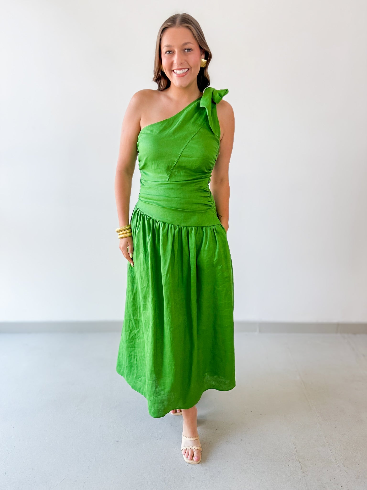 Linen One Shoulder Tie Strap Maxi Dress sm
