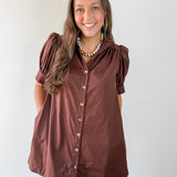 Puff Sleeve Buttoned Mini Dress - Brown