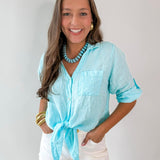 Linen Front Tie Shirt - Aqua