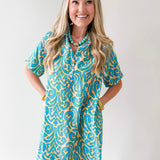 Short Sleeved Printed Dress - Teal