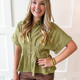 Gingham Pleated Waist Top - Matcha