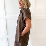 Mini Dress With Hidden Button Placket- Brown