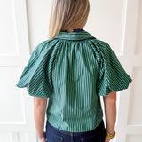 Oversized Puff Sleeve Stripe Top- Navy-Green