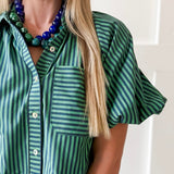 Oversized Puff Sleeve Stripe Top- Navy-Green