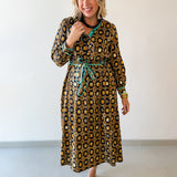 Ruffled Geo Floral Midi Dress - Black