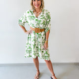 3/4 Roll Up Midi Shirt Dress- Ivory/Green
