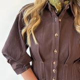 Contrast Stitch Shirt Dress - Brown