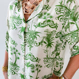3/4 Roll Up Midi Shirt Dress- Ivory/Green