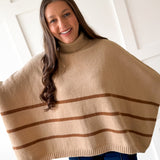 Striped Turtleneck Poncho Sweater- Beige