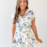 Button Down Belted Dress- Ivory/Navy