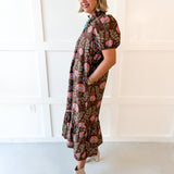 Floral Print Pleated Shirt Dress - Brown