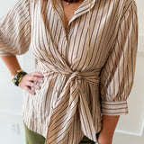 Light Stripe Waist Tie Blouse- Taupe