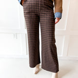 Check Print Straight Leg Pants- Brown