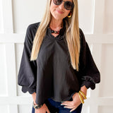3/4 Scalloped Sleeve and Neck Top- Black