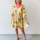 Braid Belted 3/4 Sleeve Mini Dress- Yellow/Pink