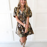 Puff Sleeve Cinched Dress- Brown