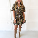 Puff Sleeve Cinched Dress- Brown