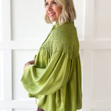 Smocked Satin Top - Teal Leaf