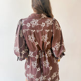 Floral Print Puff Sleeve Dress- Brown