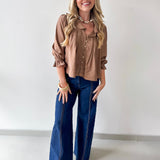 Ruffled V Neck Button Blouse - Brown