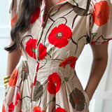 Poppy Print Puff Sleeve Dress - Ecru
