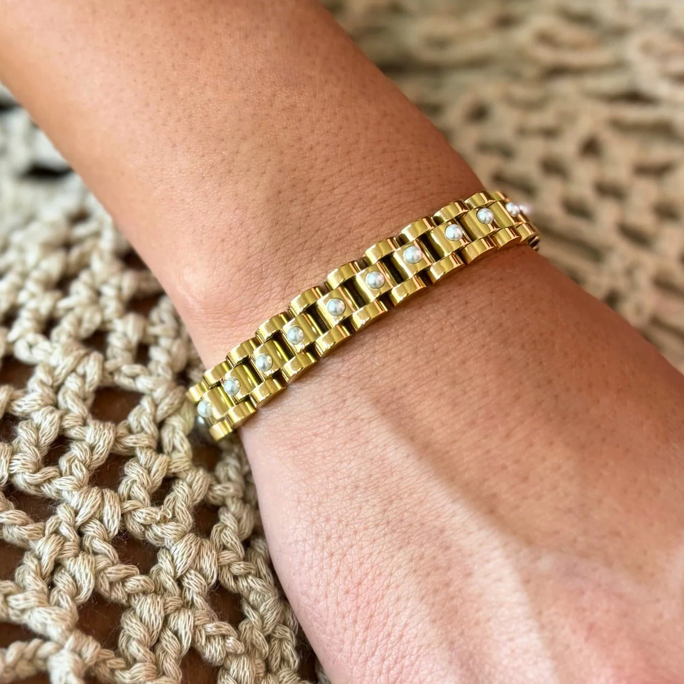 10MM Gold Watchband Bracelet with Pearls