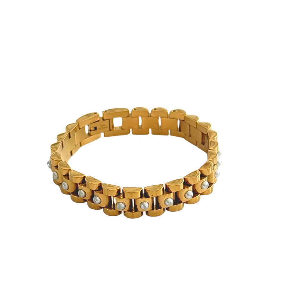 10MM Gold Watchband Bracelet with Pearls
