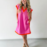 Contrast Accent Dress - Pink/Orange