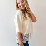 Knit Top with Scallop Lace Hem- Ecru