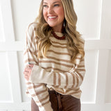 Striped Crew Neck Sweater- Taupe