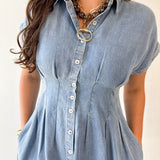 Waist Defining Pleat Dress - Denim