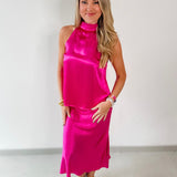 Satin Halter & Midi Skirt Set - Pink