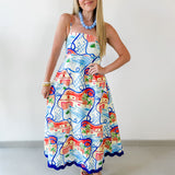 Contrast Trim Printed Midi Dress - Blue