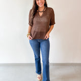 Split Neck  Sheer Crochet Knit Top - Brown