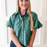 Oversized Puff Sleeve Stripe Top- Navy-Green