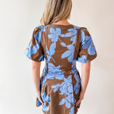 Floral Puff Sleeve Mini Dress - Blue Mocha