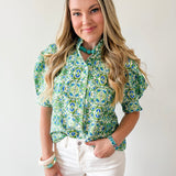 Puff Sleeve Ruffle Neck Top - Green