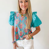 Ruffled Embroiderd Top - Aqua