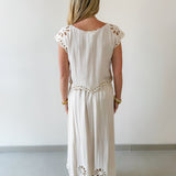 Floral Eyelet Hem Top & Midi Skirt Set - Natural