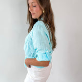 Linen Front Tie Shirt - Aqua