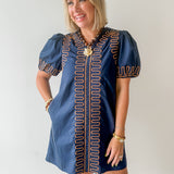 Puff Sleeves Embroidered Dress -Navy