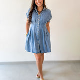 Waist Defining Pleat Dress - Denim