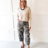 Cargo Print Barrel Jeans- Olive