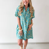 Short Sleeved Printed Dress - Teal