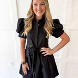 Pull Waist Pleated Mini Dress - Black