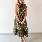 Polka Dot Midi Dress with Ruffled Neck Tie - Olive