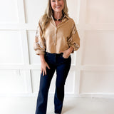 Lapel Embroidered Puff Sleeve Top-Taupe