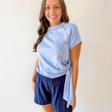 Crew Neck Raglan Side Tie Top -Blue